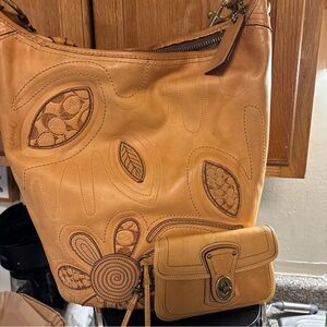 Coach 11787 Coach Tan Leather Shoulder Bag with Floral Design and wallet